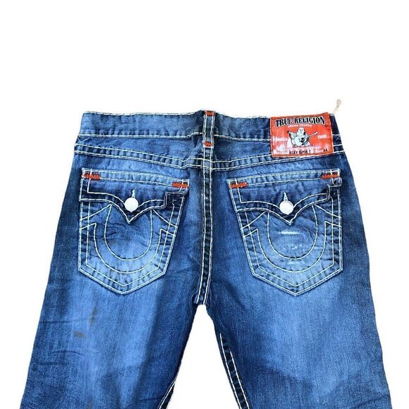 True Religion Jeans Size 38 RICKY SUPER T Blue Trashed Painter Denim - Picture 2 of 9